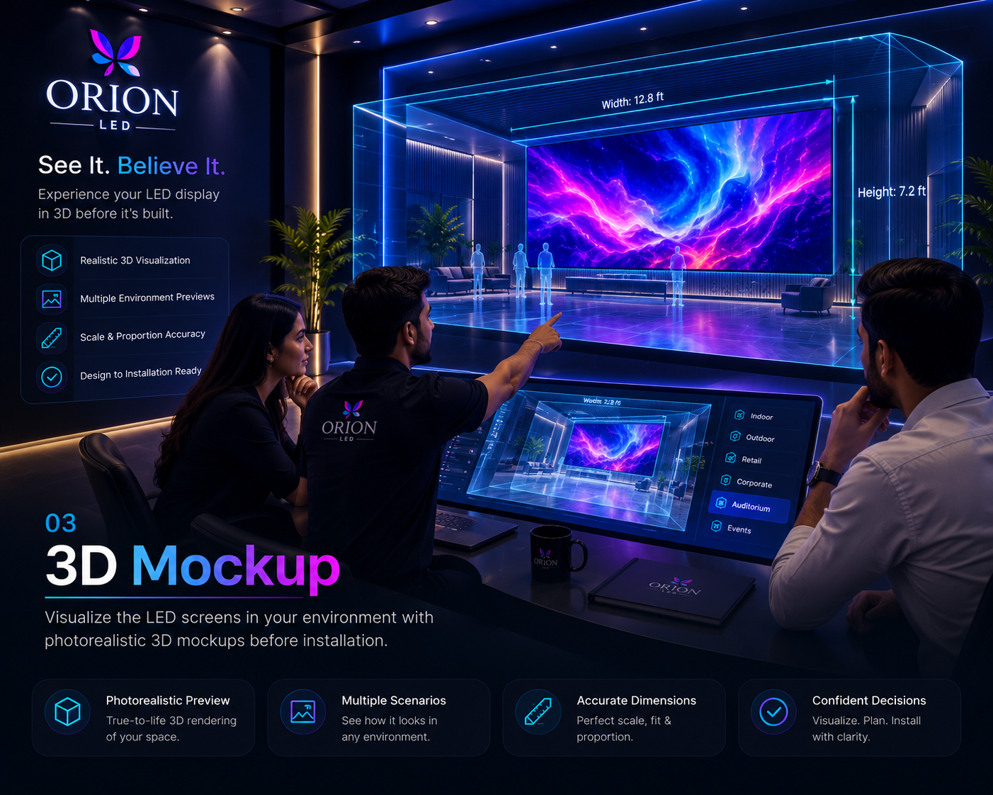 3D LED display mockup visualized in a premium architectural environment
