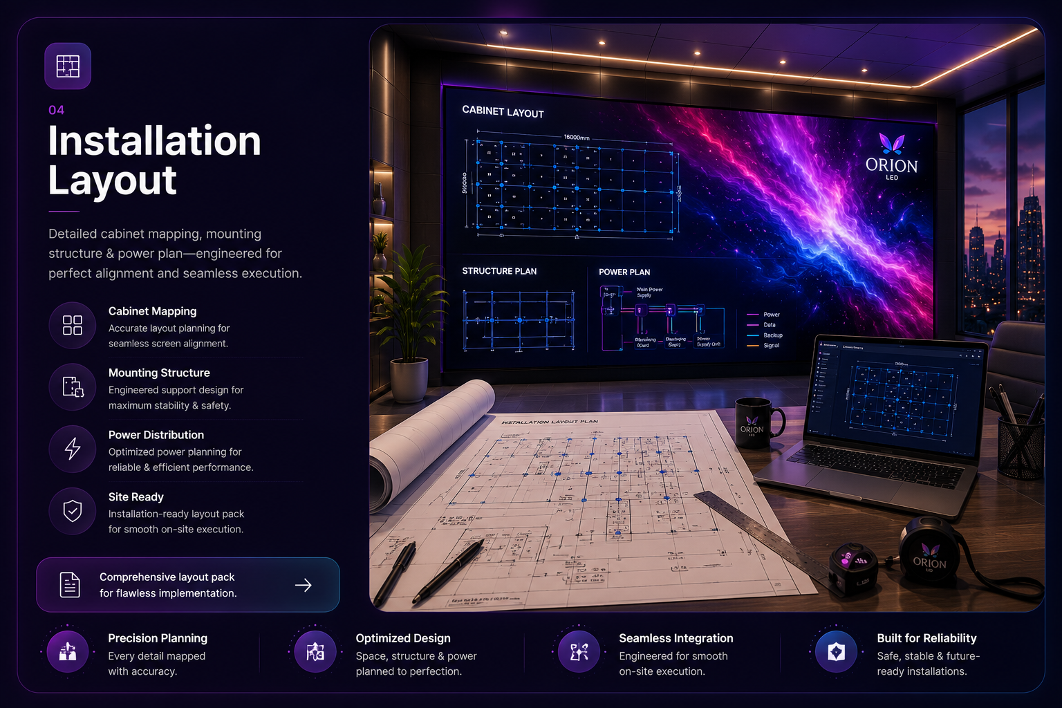 LED installation layout with cabinet map and power planning